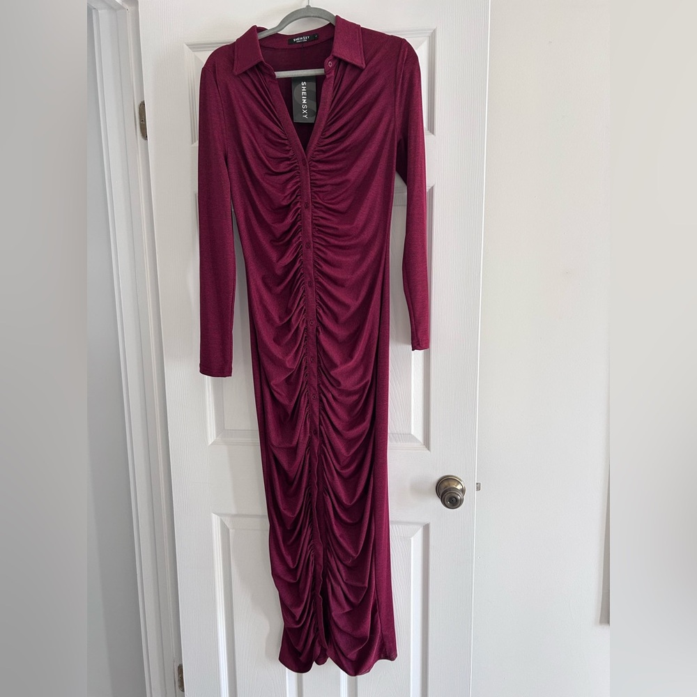 SHEIN Burgundy Long Sleeve Dress